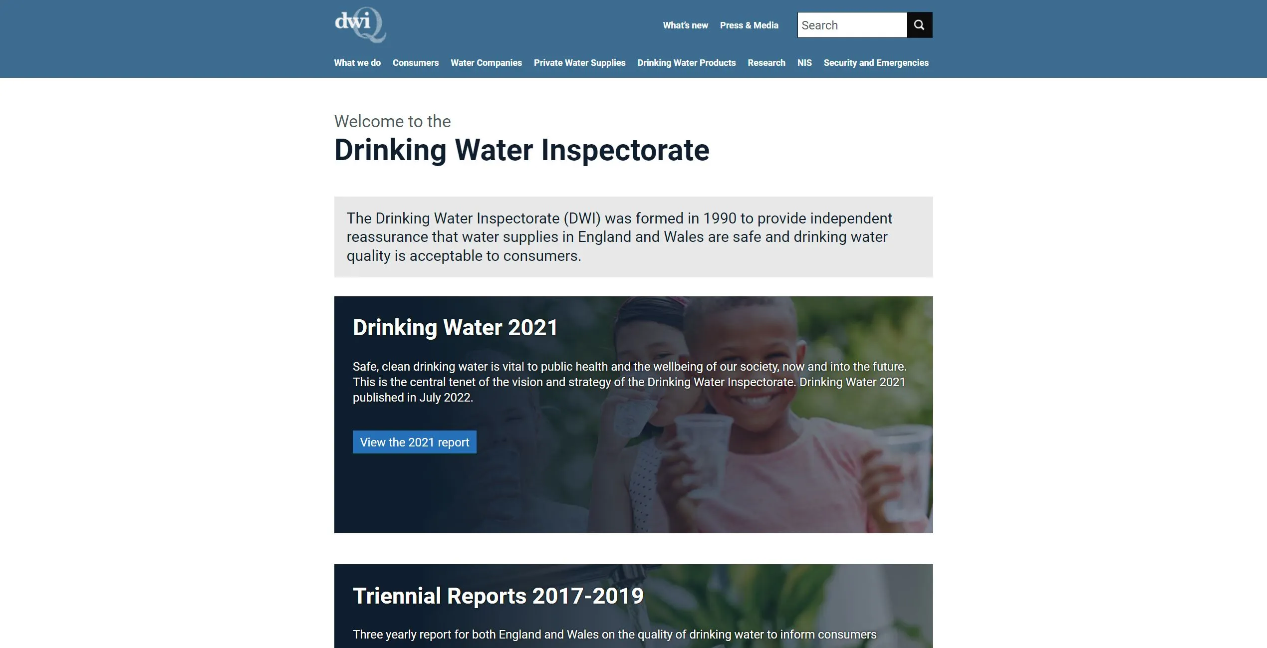 A screenshot of the drinkning water inspectorate website.